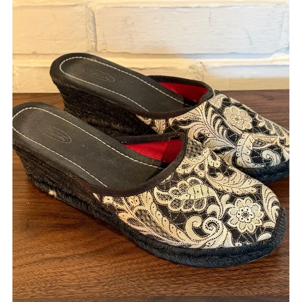 Talbots Womens Black White Floral Lace Espadrille Wedge Slides Sandals Size 6.5